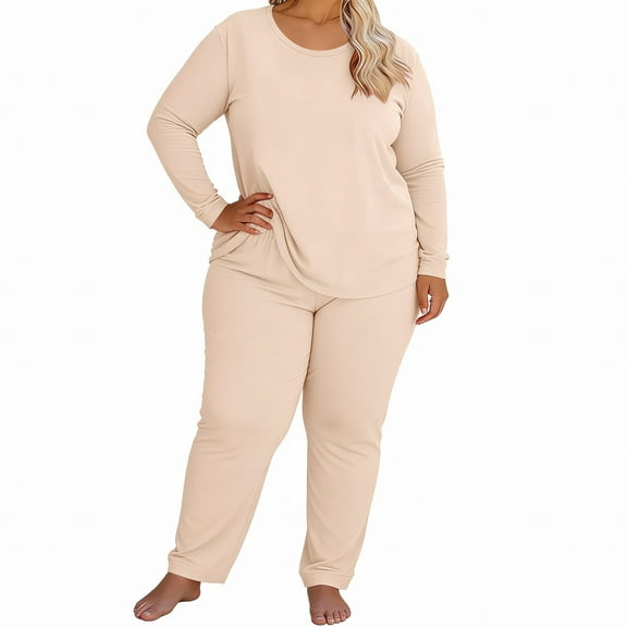 Pajamas for Women Set Evening Lounge Womens Pajama Sets Crew Neck Soft Pj Set Long Sleeve Shirts Matching Pjs for Couples Beige