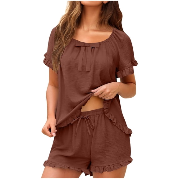 Pajamas for Women Set Evening Lounge Womens Pajama Sets Crew Neck Soft Pj Set Short Sleeve Shirts Matching Pjs for Couples Brown