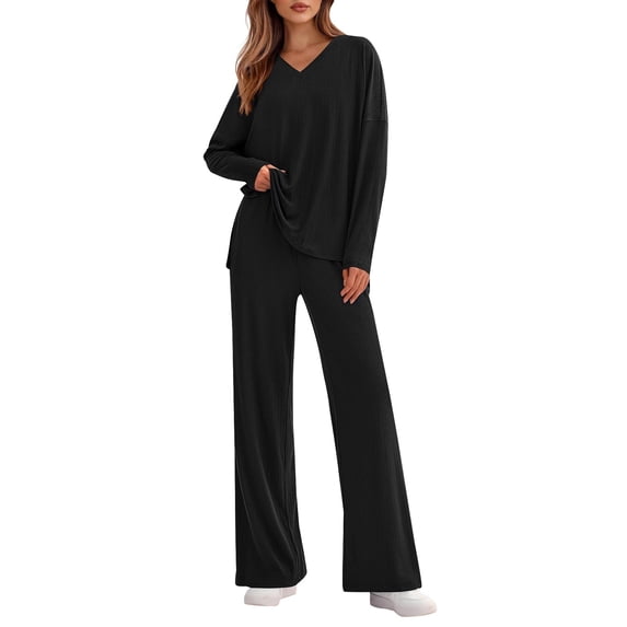 Pajamas for Women Set Evening Lounge Womens Pajama Sets V Neck Soft Pj Set Long Sleeve Shirts Matching Pjs for Couples Black