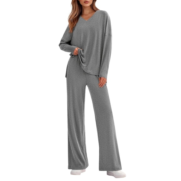 Pajamas for Women Set Evening Lounge Womens Pajama Sets V Neck Soft Pj Set Long Sleeve Shirts Matching Pjs for Couples Grey