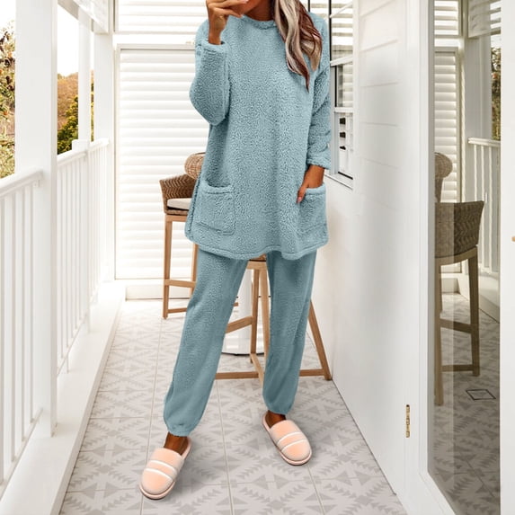 Pajamas for Women Set Fall & Winter Pullover Long Sleeve Set Soft Double Fleece with Embossed Design & Cozy Loungewear for Cold Nights