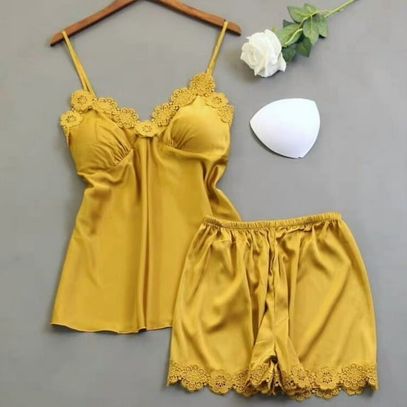 Pajamas for Women Set Fashion Solid Color Lace Pajama Set Summer Collared Sleeveless Sleepwear with Shorts Summer Pajamas