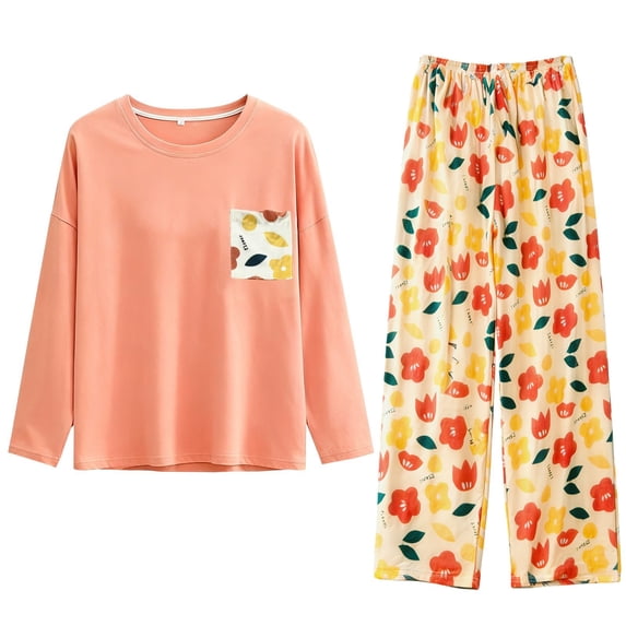 Pajamas for Women Set Floral Print Fleece Long Sleeve Loose Warm Loungewear Set Beige L