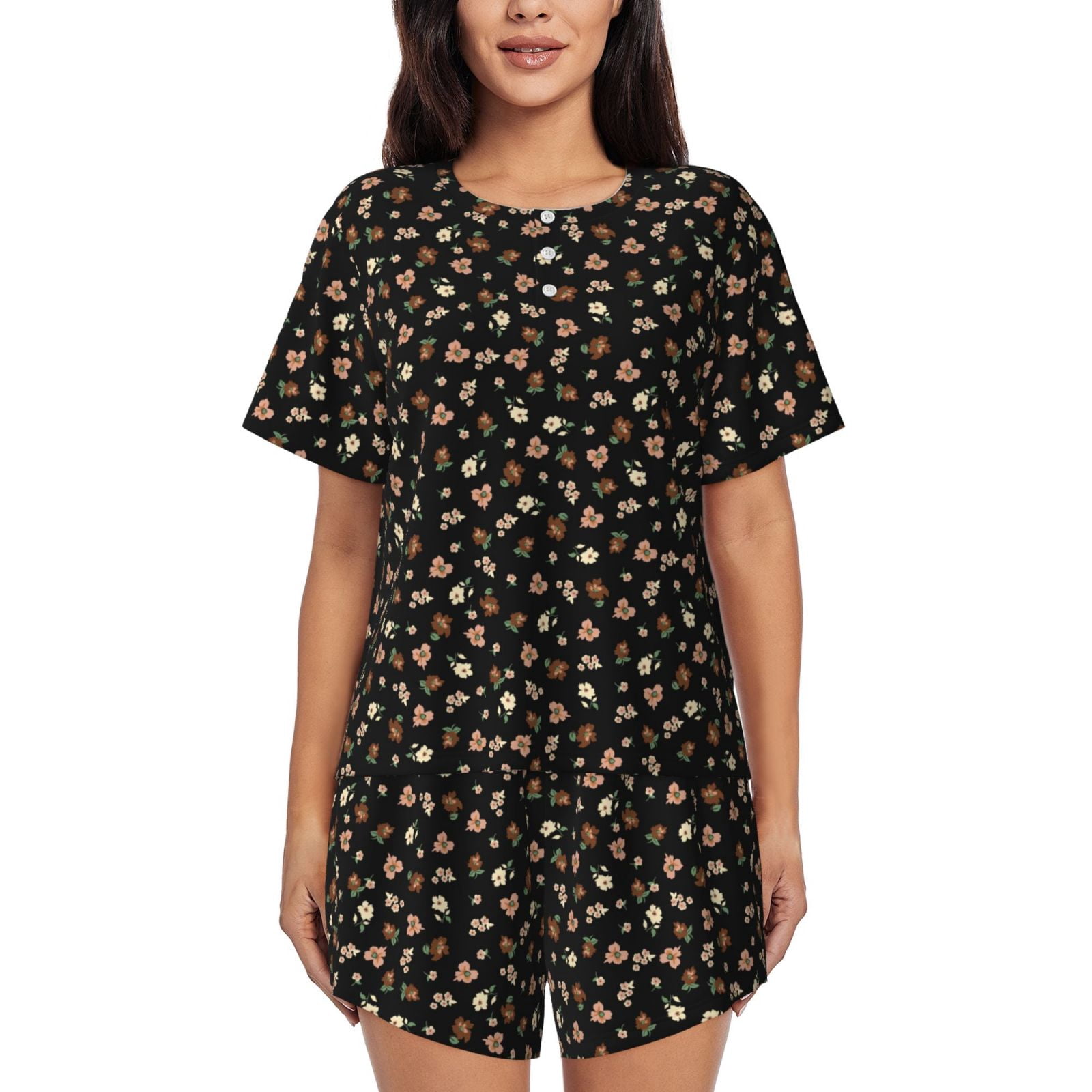 Fustylead Women's Floral Pajama Set - Short Sleeve Top & Shorts, Drawstring Waist, Pockets, Lovely Brown Bear Print - View #7