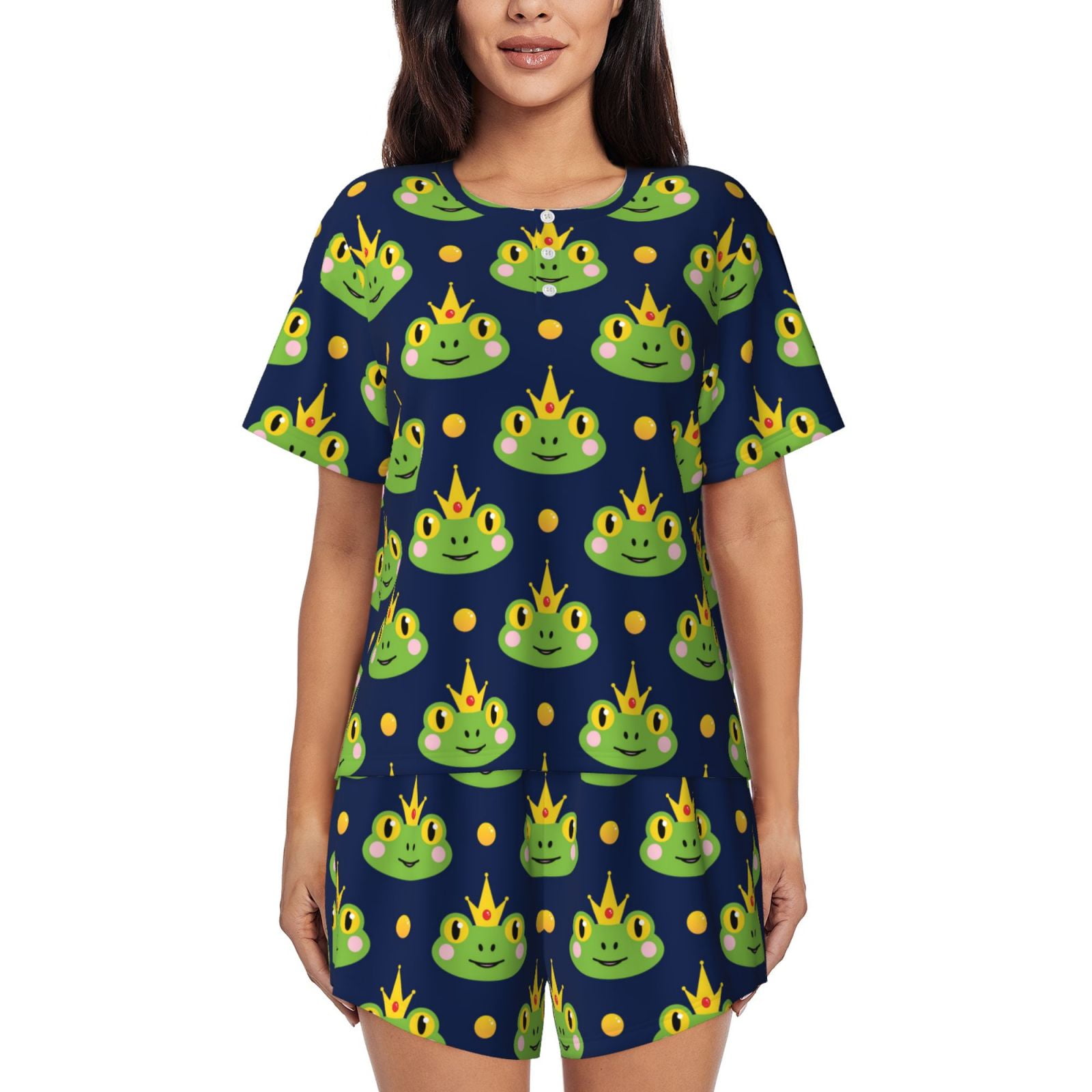 Pajamas for Women Set, Frog prince crowns navyblue PJ Lounge Sets for ...