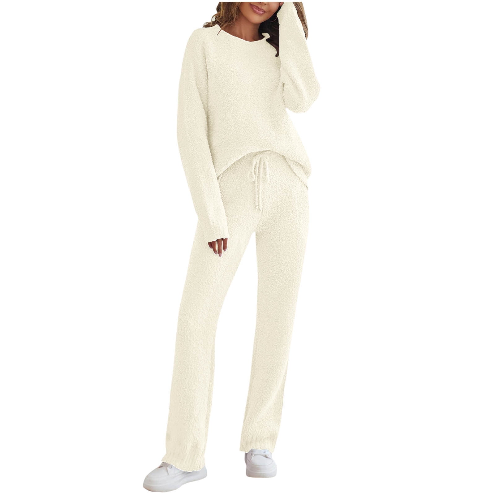 Pajamas for Women Set Fuzzy Fleece Long Sleeve Shirt And Wide Leg Pants Pj Suits Fashion Warm Loose Loungewear (Beige L)