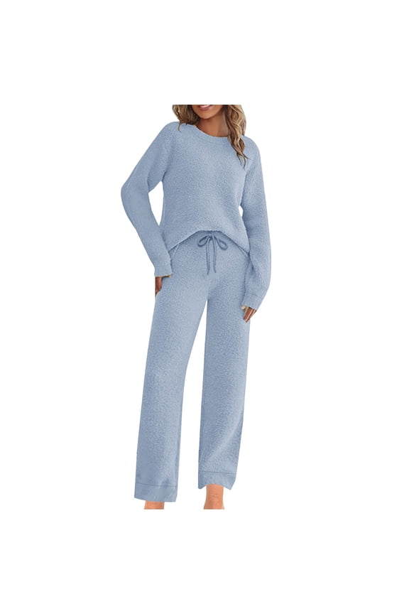 Pajamas for Women Set Fuzzy Fleece Long Sleeve Shirt And Wide Leg Pants Pj Suits Fashion Warm Loose Loungewear (Blue XS)