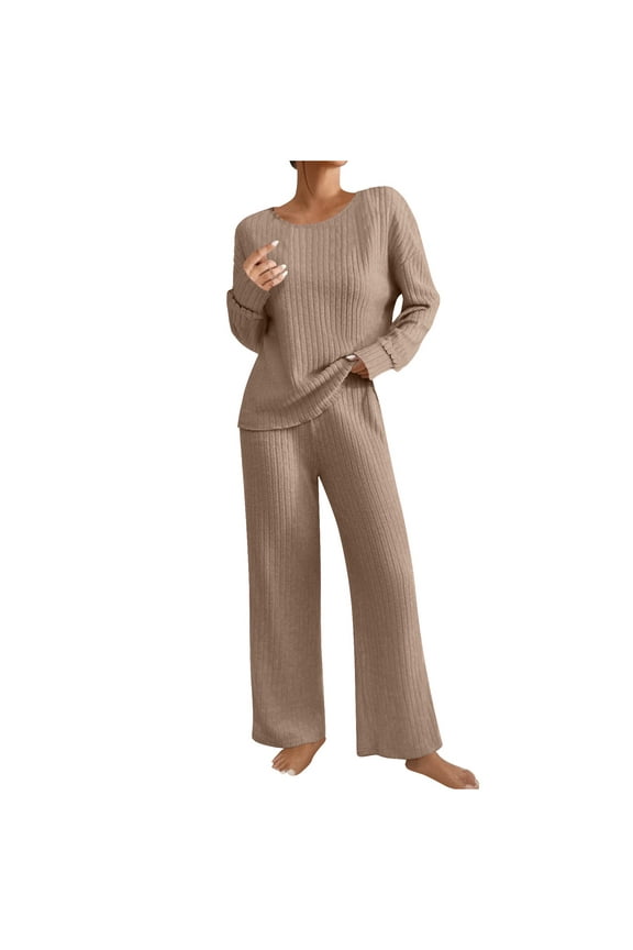 Pajamas for Women Set Knitted Tops Pants 2 Piece Comfy Soft Fall Loose Crew Neck Solid Color Sleepwear Set (Khaki 2XL)