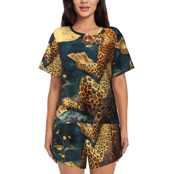 Pajamas for Women Set, Leopard Reading Tarot Cards PJ Lounge Sets for Women 2 Piece, Soft Short Sleeve Sleepwear