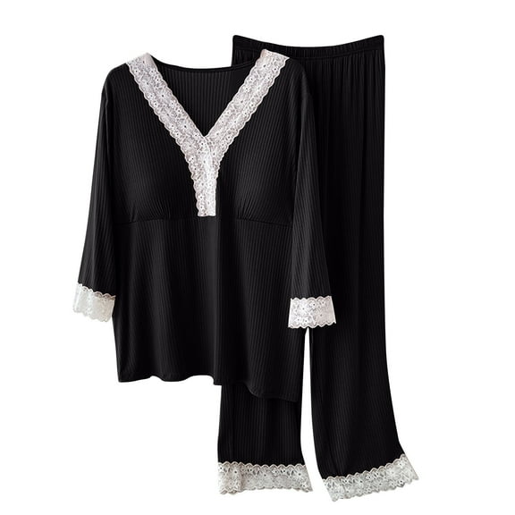 Pajamas for Women Set Long Sleeve Sleepwear Pants Loungewear V-Neck Button Down Tops with Bra Pad Pjs Suits (Black 2XL )