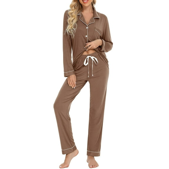 Pajamas for Women Set, New Fall Women's Pajama Set Long Sleeve Trousers Casual Home Wear, Womens Pajamas(Coffee,S)