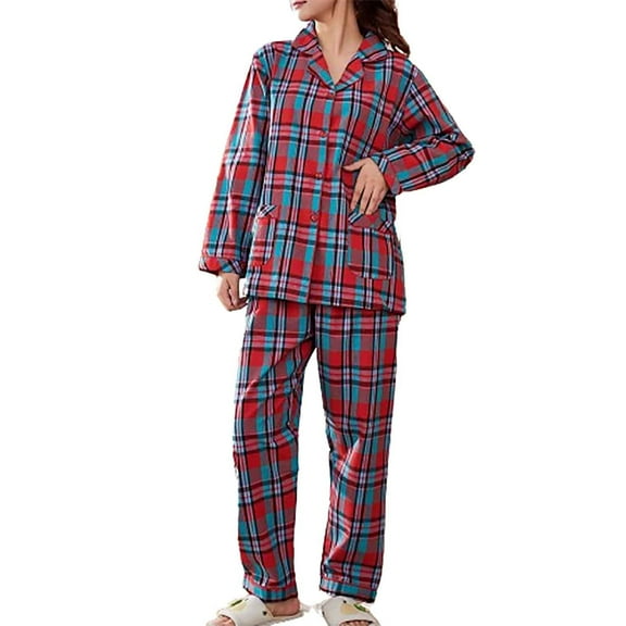 Pajamas for Women Set Plaid Pjs Loungwear with Pockets Button Down Shirt Wide Leg Pants Long Sleeve Nightwear Outfits (Blue 2XL)