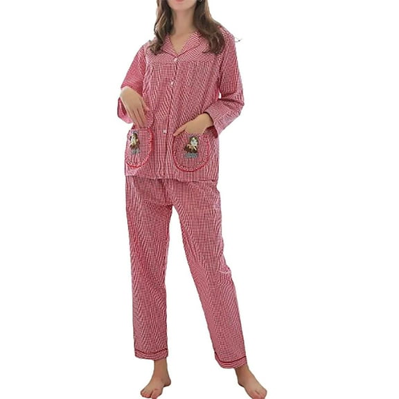 Pajamas for Women Set Plaid Pjs Loungwear with Pockets Button Down Shirt Wide Leg Pants Long Sleeve Nightwear Outfits (Pink 2XL)