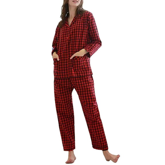 Pajamas for Women Set Plaid Pjs Loungwear with Pockets Button Down Shirt Wide Leg Pants Long Sleeve Nightwear Outfits (Red L)