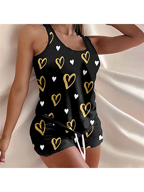 Pajamas for Women Set-Print Halter Camisole Lace Nightdress Heart Printed Sleepwear