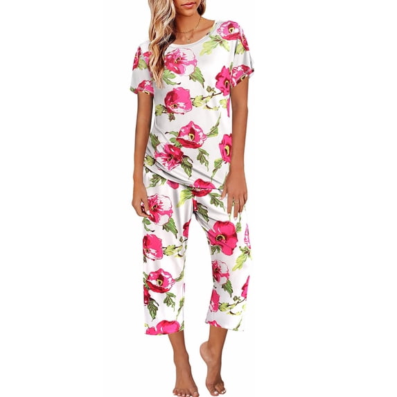 Pajamas for Women Set Print Short Sleeve Top And Capri Pants Casual Loungewear Pink Xl