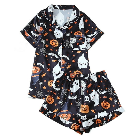 Pajamas for Women Set Printed Notch Collar Pumpkin Ghost Lapel Short Sleeve Shirt Shorts Loungewear Sleepwear,Black,L