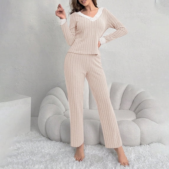 Pajamas for Women Set Ribbed Pajama Sets for Women Pullover V Neck Long Sleeve Sleepwear Matching Comfy Long Pants Outfits
