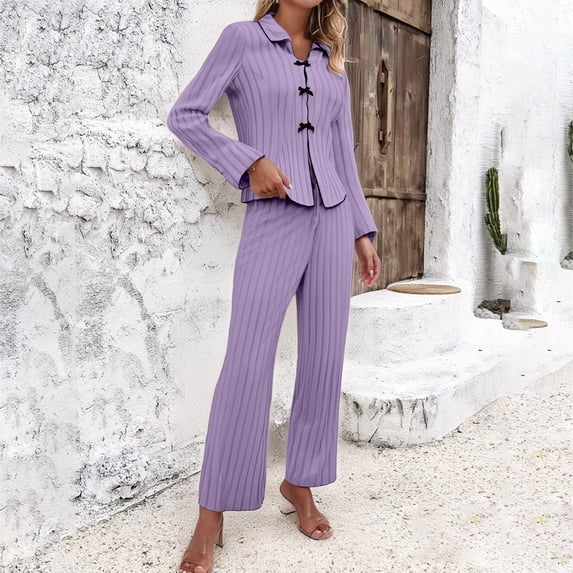 Pajamas for Women Set Ribbed Pajama Sets for Women Pullover V Neck Long Sleeve Sleepwear Matching Comfy Long Pants Outfits