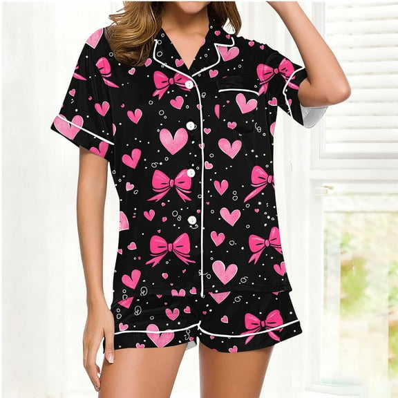 Pajamas for Women Set Short Sleeve Button Down Shirts and Shorts Valentine‘s Day Print 2 Piece Lounge Sets Cozy Womens Pj Set