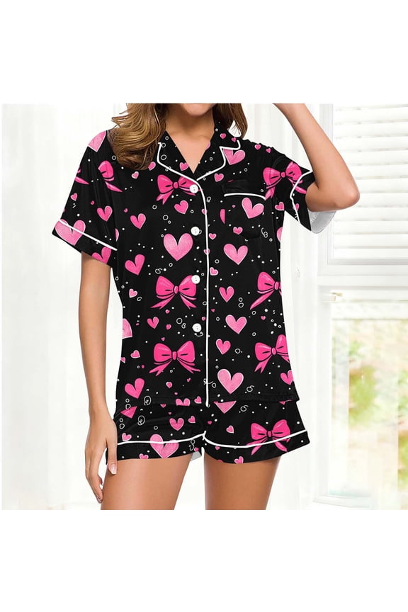 Pajamas for Women Set Short Sleeve Button Down Shirts and Shorts Valentine‘s Day Print 2 Piece Lounge Sets Cozy Womens Pj Set