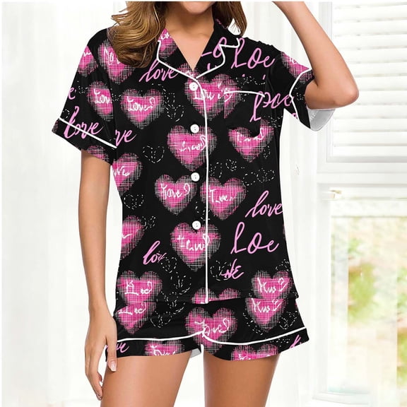 Pajamas for Women Set Short Sleeve Button Down Shirts and Shorts Valentine‘s Day Print 2 Piece Lounge Sets Cozy Womens Pj Set