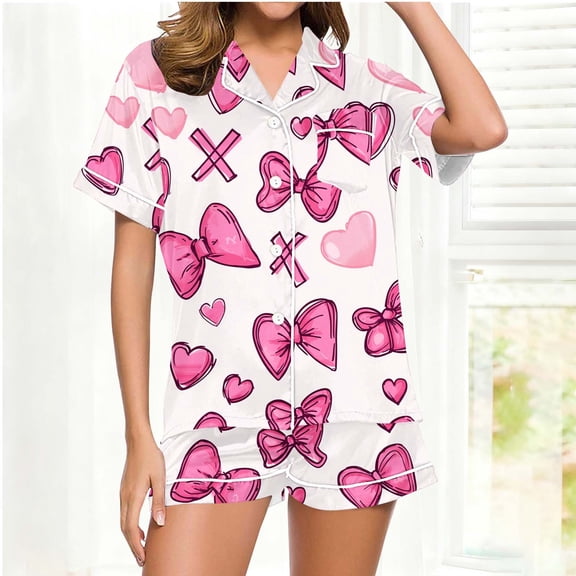 Pajamas for Women Set Short Sleeve Button Down Shirts and Shorts Valentine‘s Day Print 2 Piece Lounge Sets Cozy Womens Pj Set