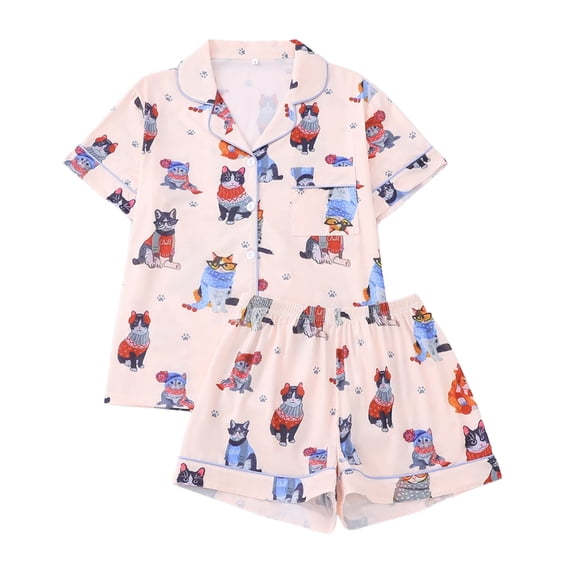 Pajamas for Women Set Short Sleeve Cats Printed Shirts Wide Leg Elastic Shorts Sleepwear Outfit