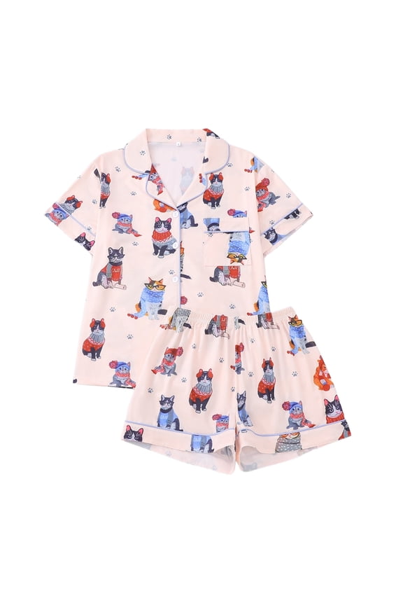 Pajamas for Women Set Short Sleeve Cats Printed Shirts Wide Leg Elastic Shorts Sleepwear Outfit
