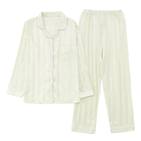 Pajamas for Women Set Silk 2 Pieces Valentines Day Outfit Long Sleeve Button-Down Nightwear Beige Pjs for Women