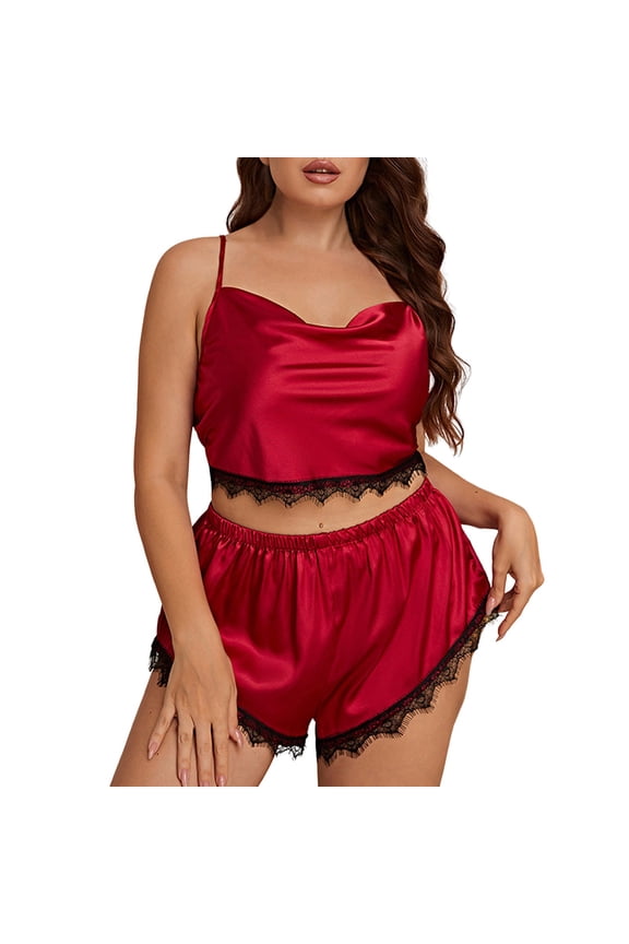 Pajamas for Women Set Silk Soft Short Sleeve Button Down Satin Top and Shorts 2 Piece Set Red Women's Sleepwear XXL