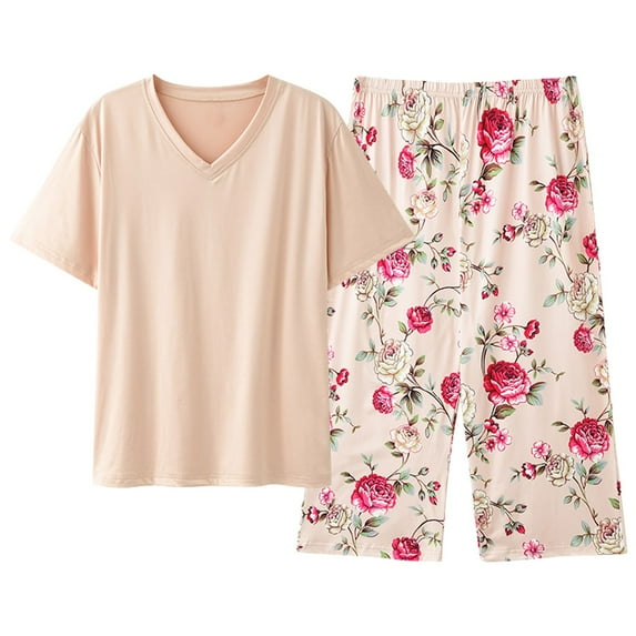 Pajamas for Women Set Solid Color V Neck Short Sleeve Top Capri Printed Pants Sleepwear,Beige,2XL