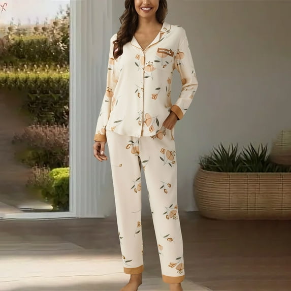 Pajamas for Women Set Summer Cotton Pajamas Set Comfortable & Sexy Lapel Button Print Styles Long Sleeve Pajamas Suit Yellow M