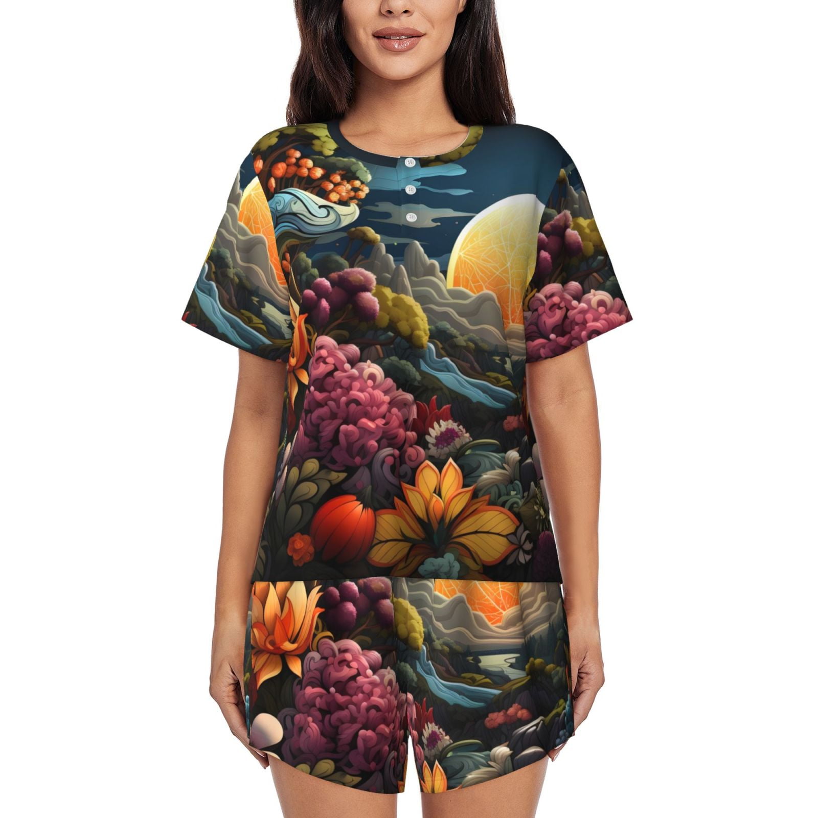 Pajamas for Women Set, Sunset Floral Fantasy Landscape PJ Lounge Sets ...