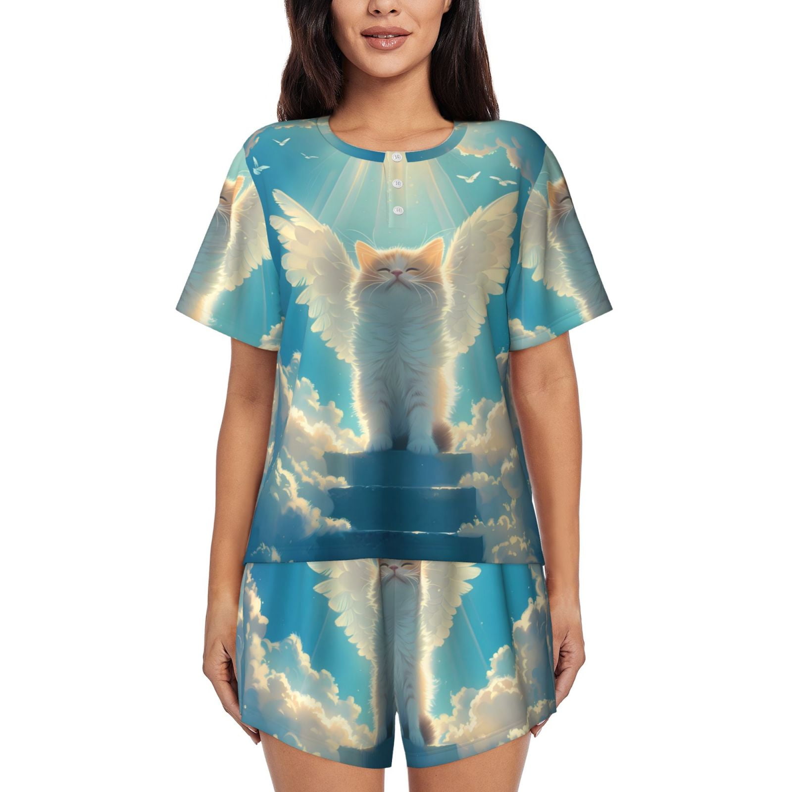 Pajamas for Women Set Sunshine Cute Winged Cat 2 Piece Short Sleeve Womens Pajama Sets, Lounge