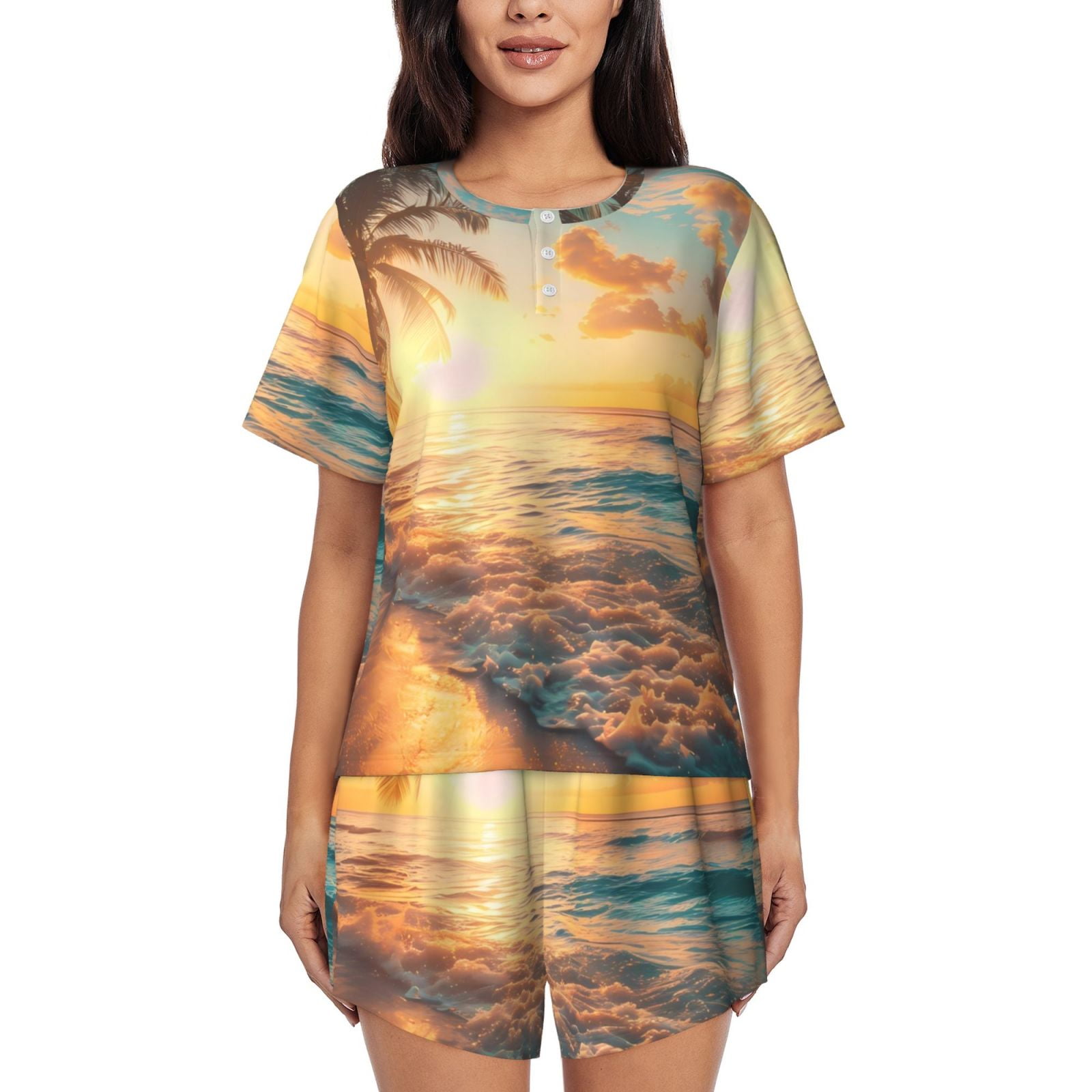 Pajamas for Women Set, Tropical Sunset Beach Scene PJ Lounge Sets for