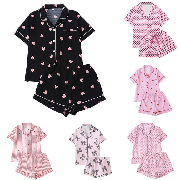Pajamas for Women Set Valentines Heart Print 2 Piece Pjs Sets Button Down Short Sleeve Sleepwear Casual Relaxed Fit Black XL