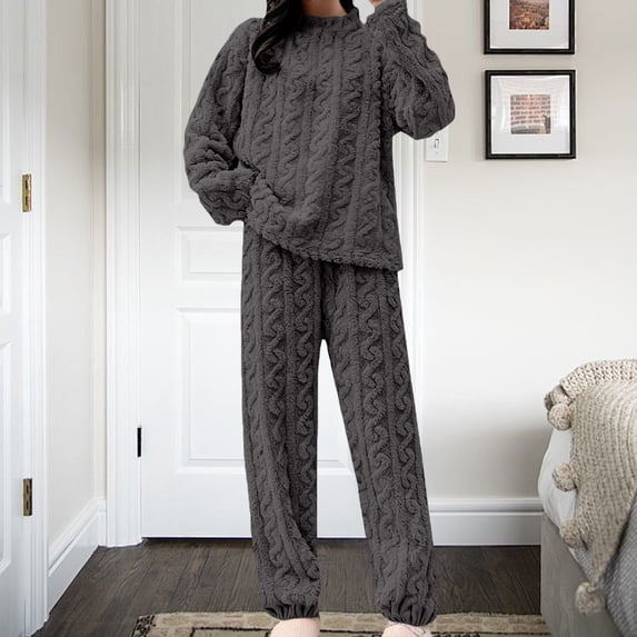 Pajamas for Women Set Winter Fuzzy Fleece 2 Piece Loose Warm Plush Loungewear Gray One Size