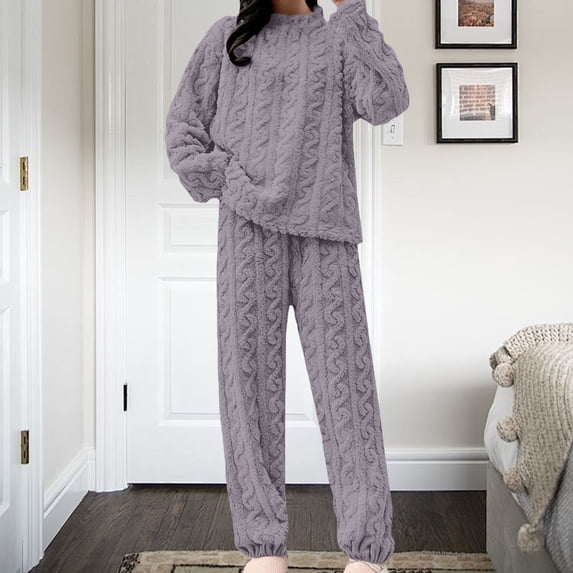 Pajamas for Women Set Winter Fuzzy Fleece 2 Piece Loose Warm Plush Loungewear Purple One Size