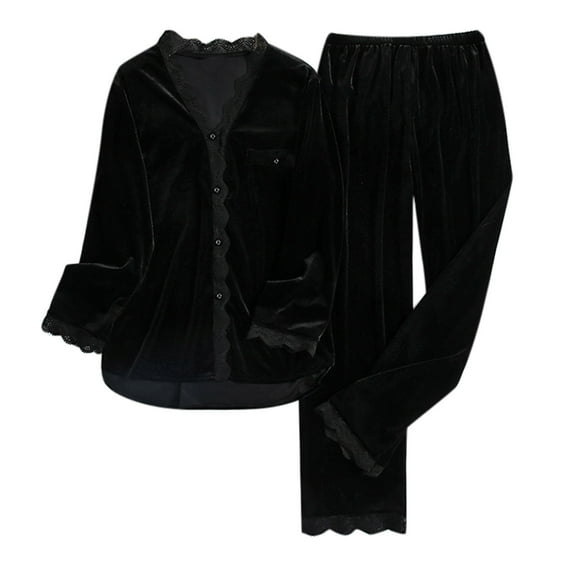 Pajamas for Women Set Winter Warm Outfits Gold Velvet Long Sleeve Shirt Trousers Lounge Sets Sleepwear Black 2XL