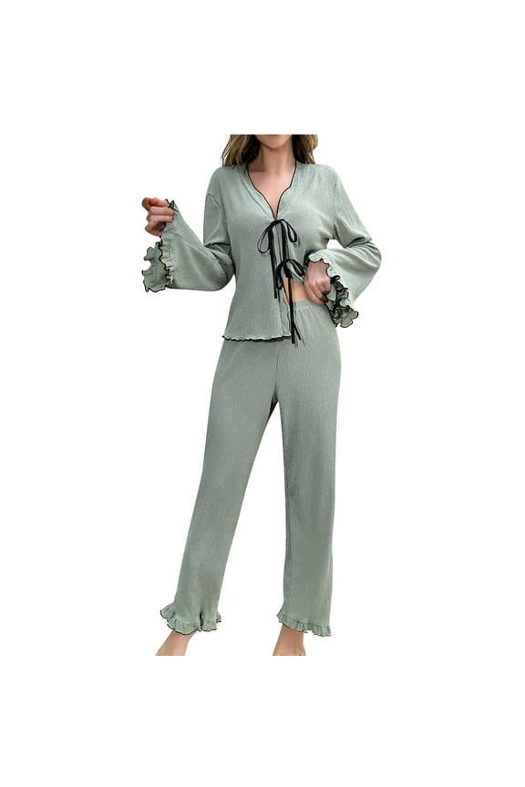 Pajamas for Women Set, Women Bamboo Viscose Pajama Sets Ruffled Cuff Hem Long Sleeve Fancy Yarn 2 Piece Loungewear Loose Fit Drop Shoulder