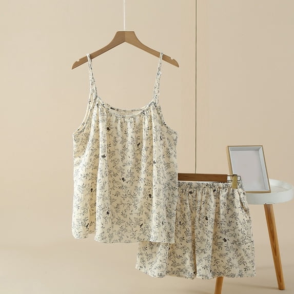 Pajamas for Women Set Womens Cotton Pajama Set Printed Set Spaghetti Strap Top and Shorts Loungewear