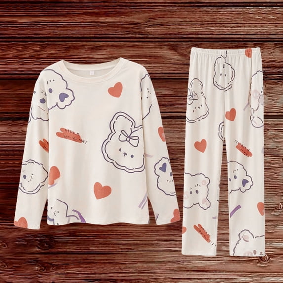 Pajamas for Women Set Womens Printed Fleece Pyjama Set Soft & Warm Loungewear Nightwear Long Sleeve Top