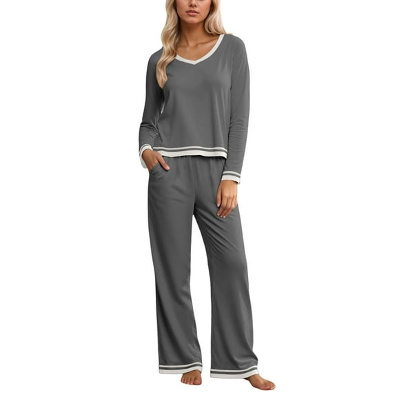 Pajamas for Women Set Womens Soft Pajamas Crew Neck Sleepwear Long Sleeve Loungewear 2 Piece Pajama Set for Women Fall Pjs L