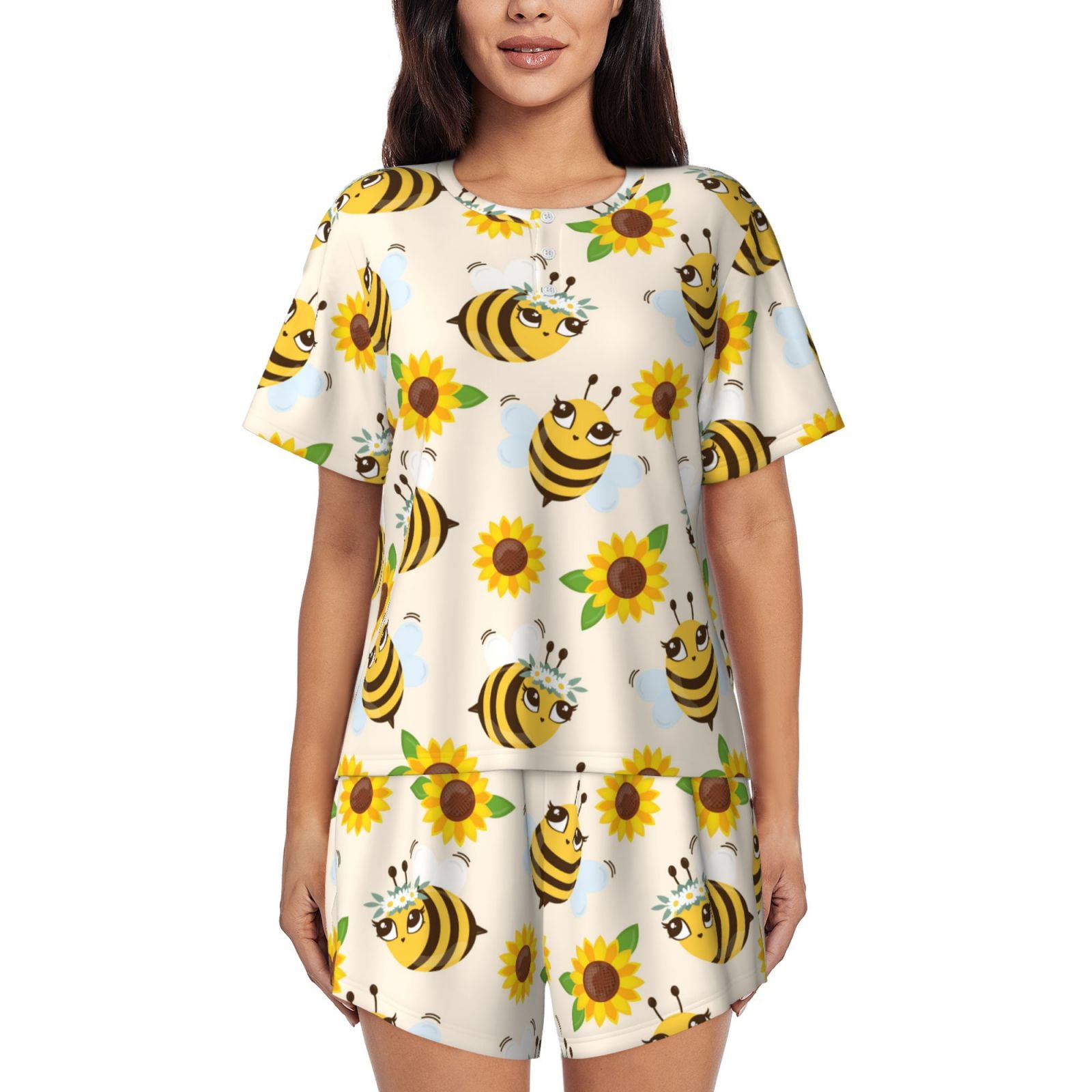 Pajamas for Women Set cute cartoon bees sunflower daisy Soft Short Pj ...