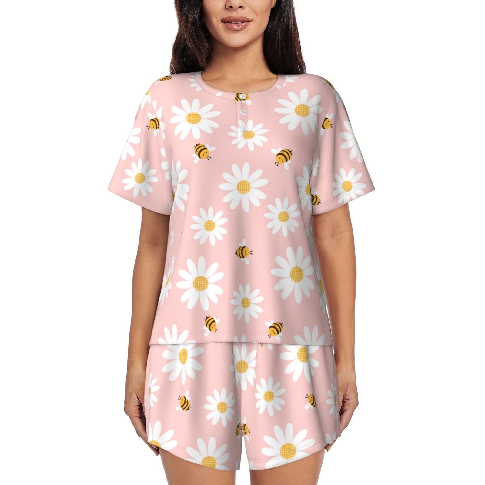 Pajamas for Women Set, daisy flower bee cartoons pink PJ Lounge Sets ...