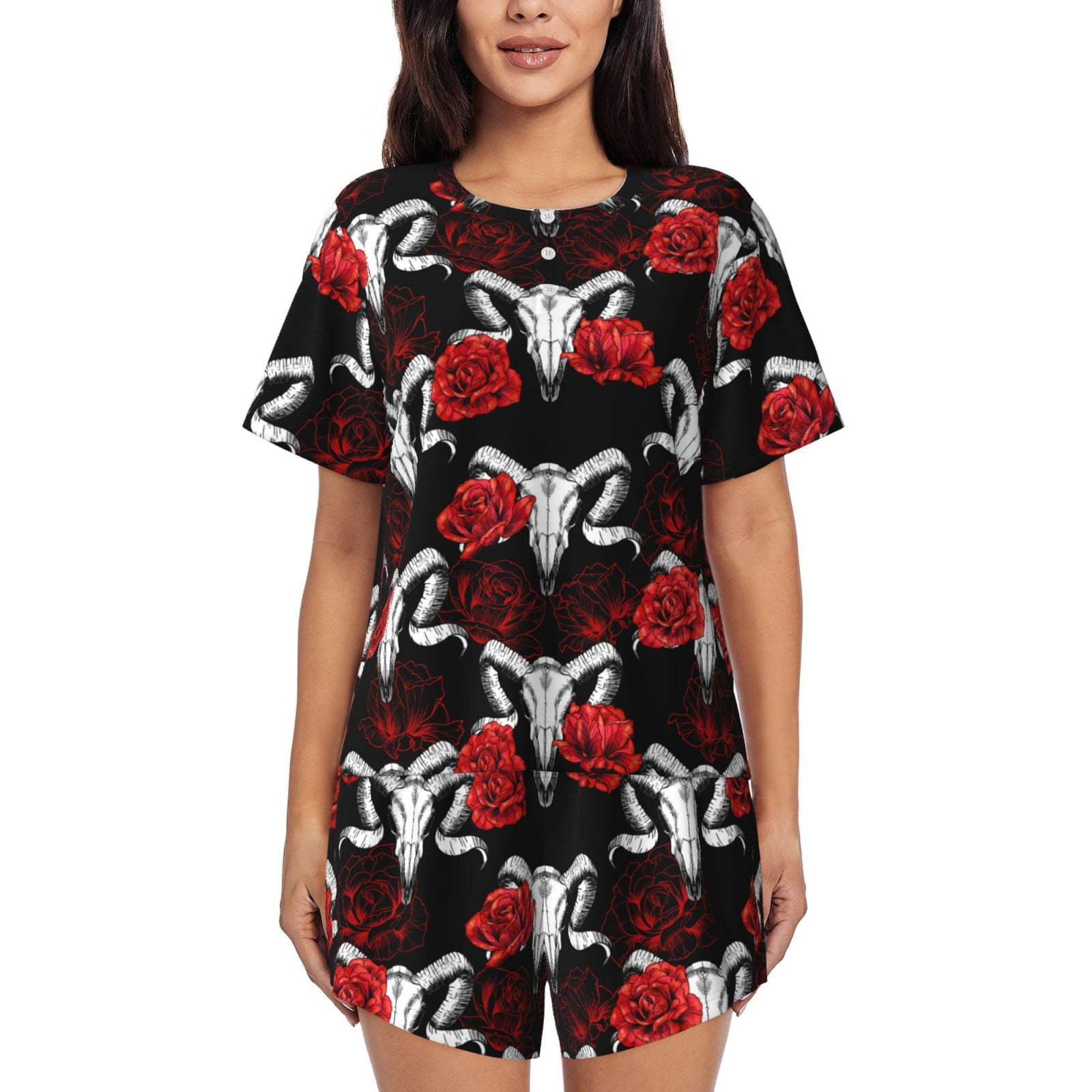 Pajamas for Women Set, goat skull red roses black cool PJ Lounge Sets ...
