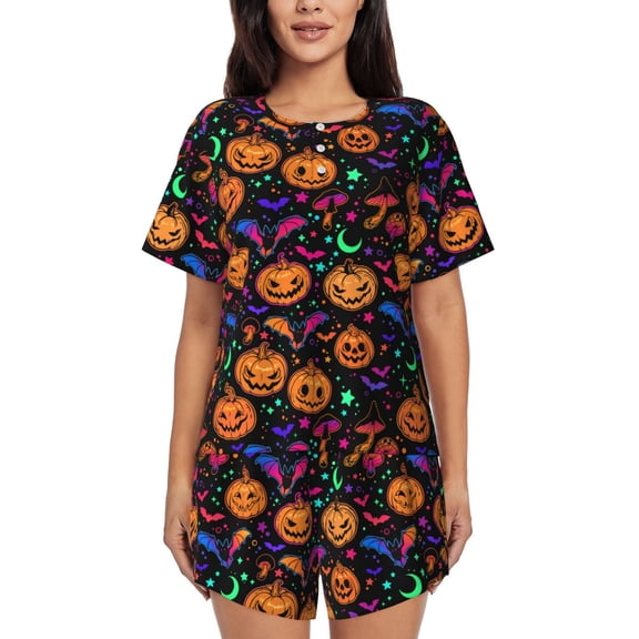 Pajamas for Women Set, halloween pumpkin bat PJ Lounge Sets for Women 2 Piece, Soft Short Sleeve Sleepwear