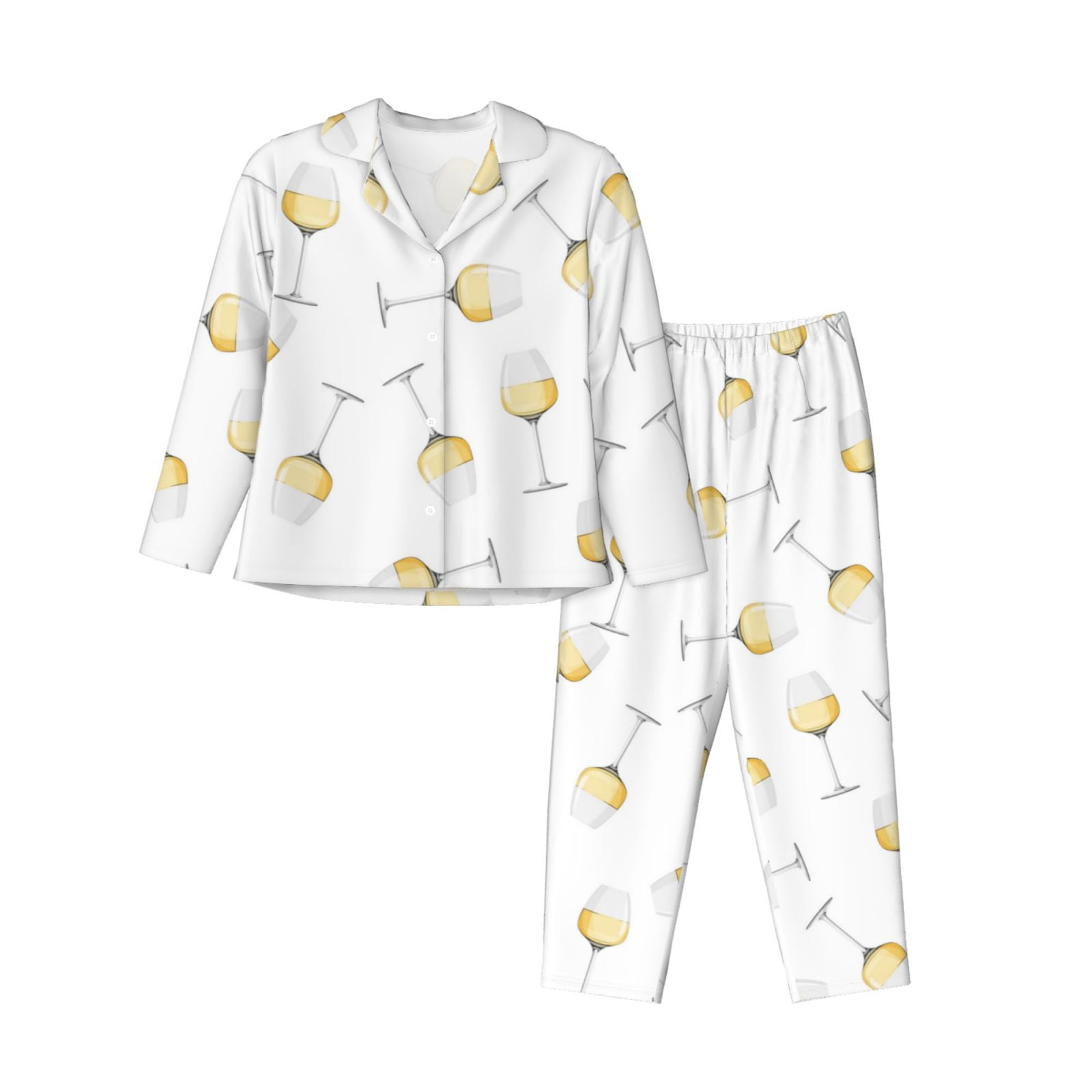 Pajamas for Women Sets Champagne Glass Print Soft Lounge Sets Long Sleeve Button Down Night Shirts Sleepwear Pjs