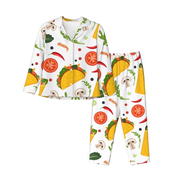 Pajamas for Women Sets, Chili Taco Tomato Bacon Print Lounge Sets Long Sleeve Button Down Night Shirts Sleepwear Pjs